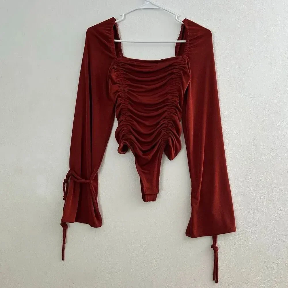 Free People XS Rust Ruched Bodysuit Bell Sleeve Boho Y2K Top